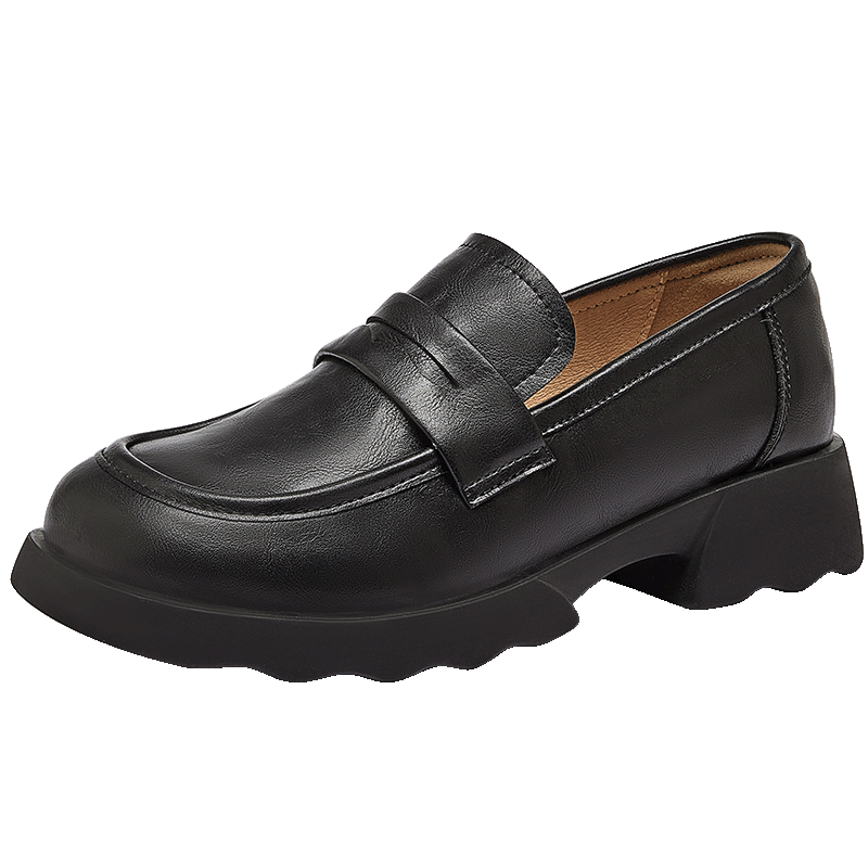 CAMEL Women's Loafers Simple Casual Cowhide Leather Chunky Heel Deep Mouth Single Shoes L25A504077 Black 38