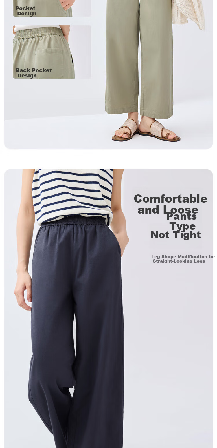 Giordano Women's Pants, Pure Cotton Lightweight Pleated Straight-Leg Trousers, Elastic Waist Casual Capri Pants, Women's 05425065 5