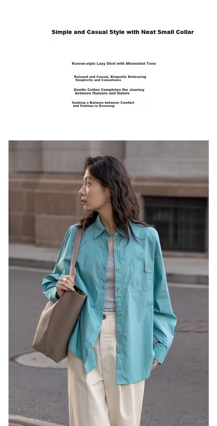 Dme [Oxygen Sensing Pure Cotton] Spring And Autumn Simple Style Three-Dimensional Lapel Long-Sleeve Shirt Layered Fitted Blouse Women's Top 1