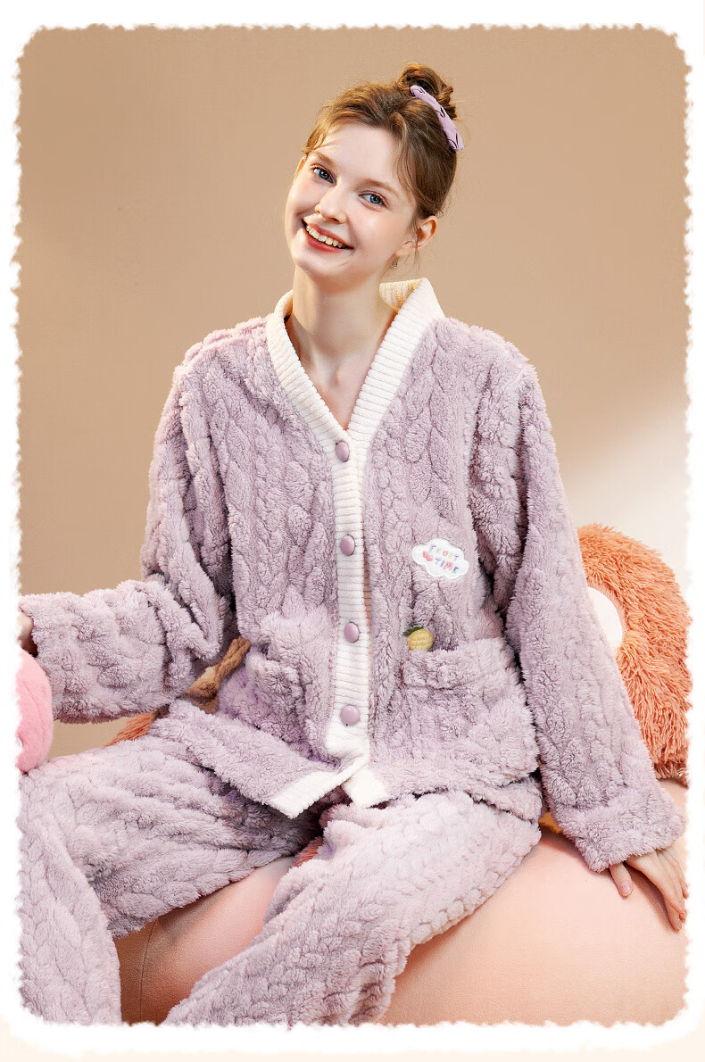 FENTENG Women's Thickened Double-Sided Warm Fleece V-Neck Cardigan Pajama Set Autumn Winter Homewear 3