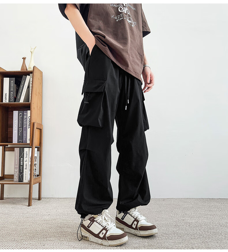 Homlean American-Style Wide-Leg Cargo Pants for Men, Summer Straight Loose Paratrooper Functional Tactical Casual Trousers KMX06 Black L 22