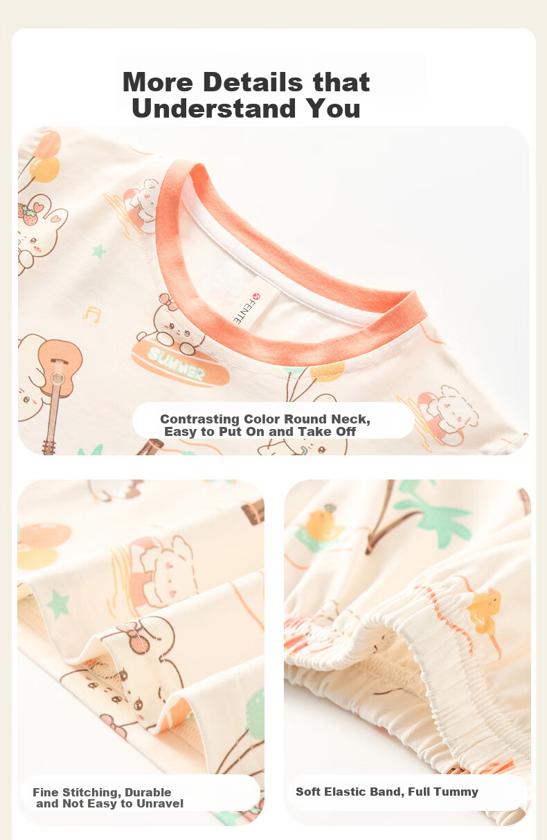 Fenteng Kids Pajamas Girls 100% Cotton Summer Round Neck Loose Cartoon Short Sleeve Shorts Homewear 19
