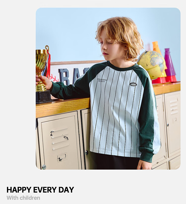 ASK JUNIOR [Pure Cotton] Children's Sports Drop-Shoulder Long-Sleeve T-Shirt, Autumn Inner Layer Pullover, Boys' Youth Wear 4