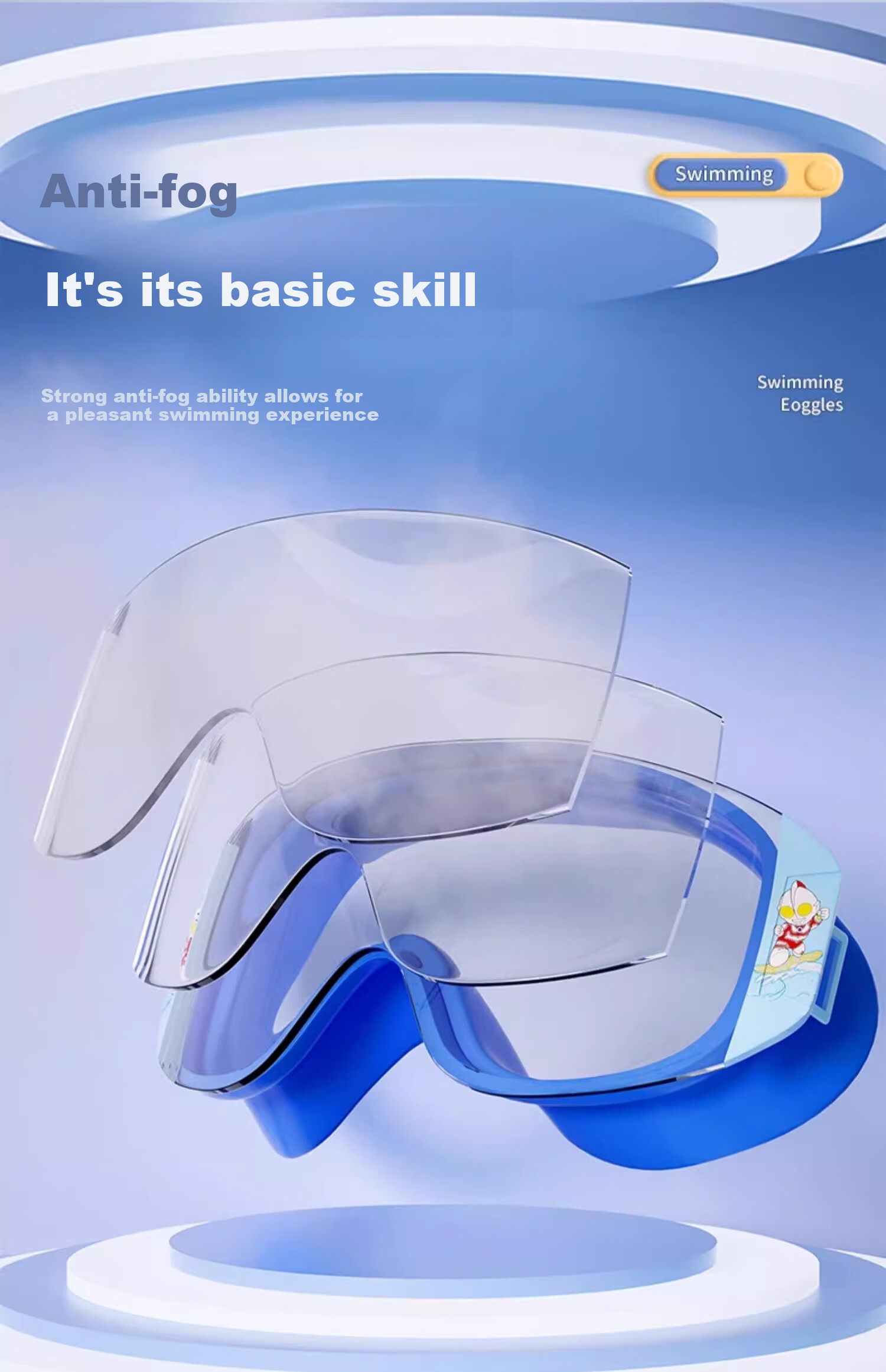 Youyou & Classic Ultraman Children's Swimming Goggles, High-Definition Waterproof Anti-Fog Large Frame Swimming Glasses, Swimming Eyewear 61415 Transparent Blue 10