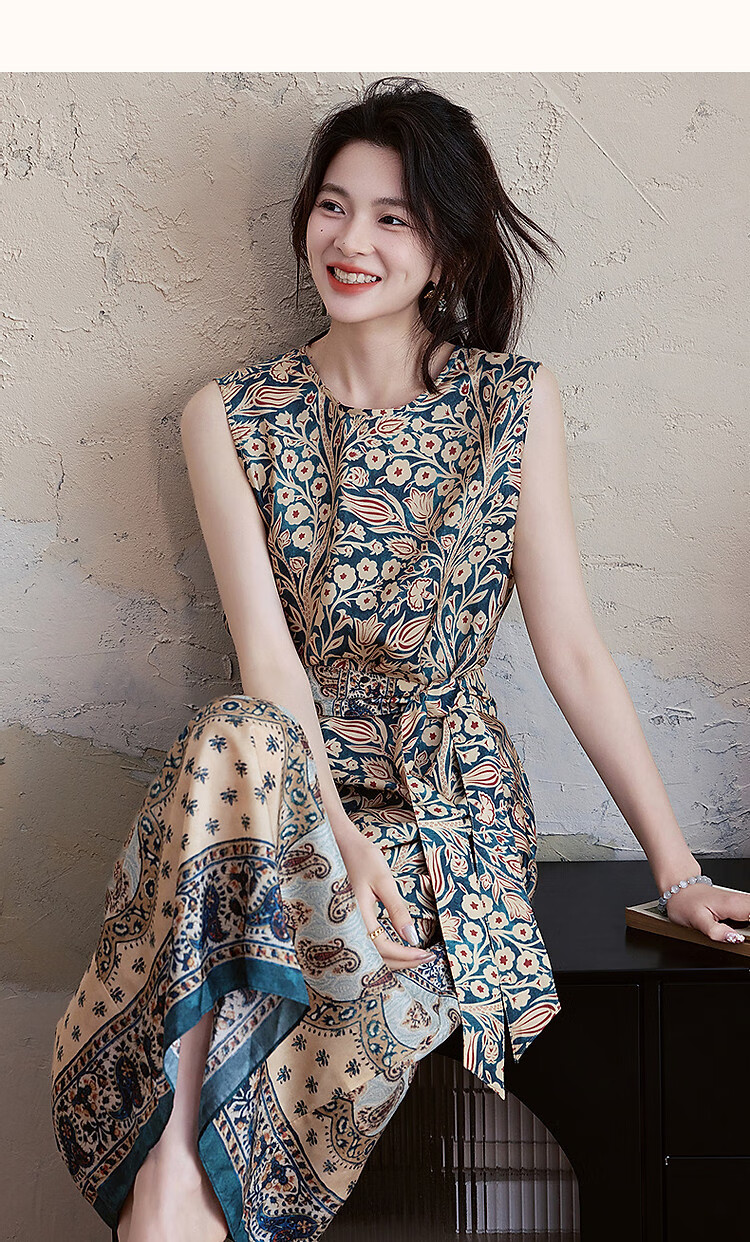 Demana [Silk Story] Summer Luxury 100 Mulberry Silk Beach Dress Round Neck Printed Straight Women's Dress 5