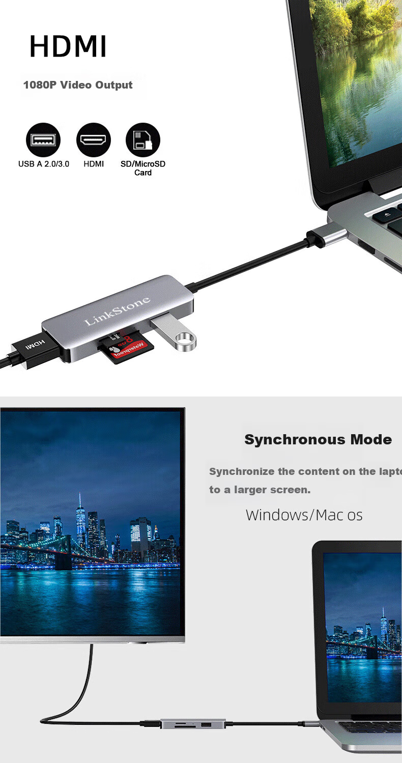 LinkStone USB3.0 to HDMI External Graphics Card TF/SD Card Reader HUB Hub Laptop Video Converter Screen Mirroring Device Computer TV Casting Cable Expansion Splitter 3