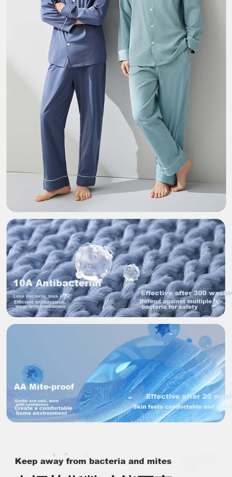 HLA Men's Pajamas, Turn-Down Collar, Pure Cotton 95%, 10% Antibacterial, Comfortable, Suitable for Outdoor Wear, Long-Sleeve Top And Long Pants, Home Loungewear Set 3