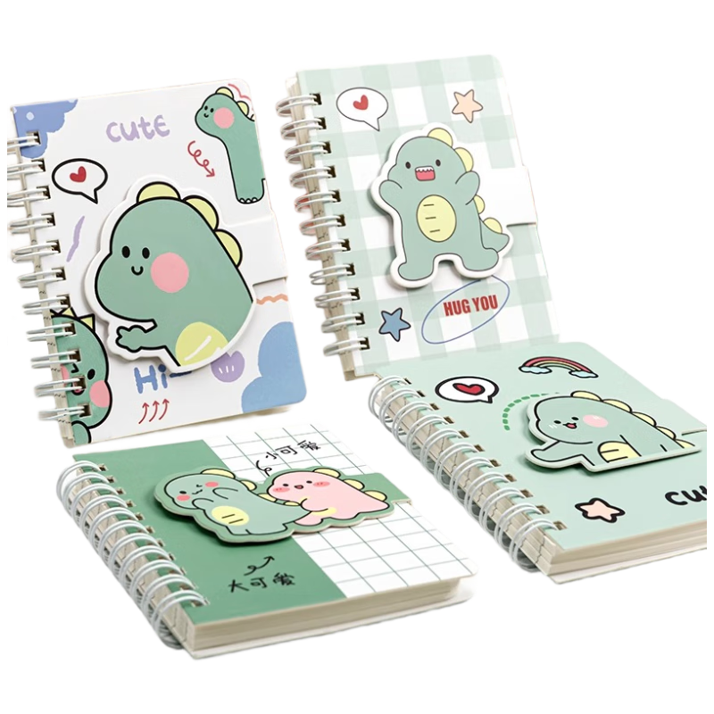 Four Seasons Pocket Magic Tape Closure Portable Cartoon Spiral Notebook Small Spiral Journal Portable Personal Homework Diary 4-Pack - Dinosaur Baby
