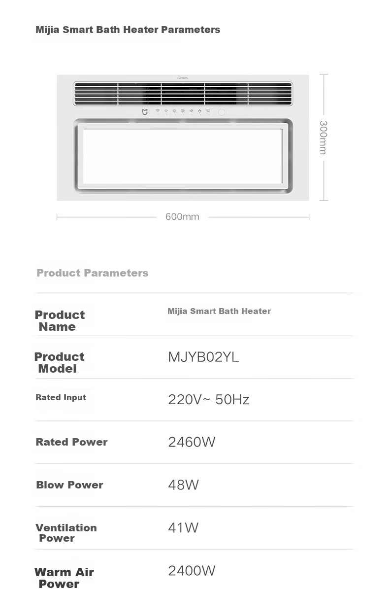 Mijia Smart Bathroom Heater, Dual-Core Multifunctional Wind Heating And Lighting, Rapid Temperature Rise, Intelligent Control, 2400W Standard Versio 14