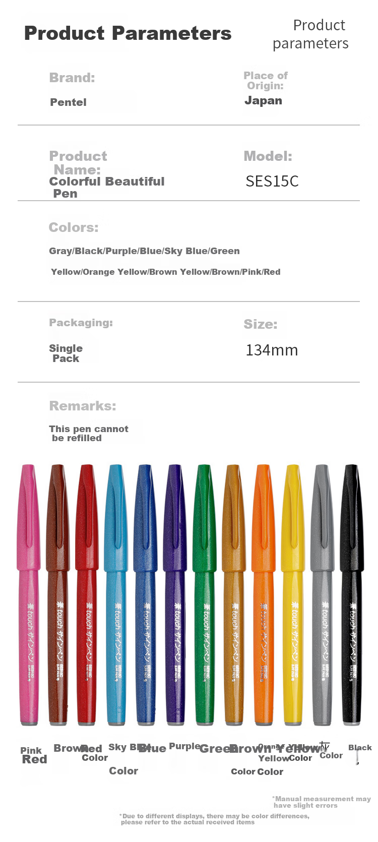 Pentel Colored Soft Brush Pen, Elastic Tip Water-Based Pen Touch, for Journaling, Letters, Cards, SES15C Brown/single Pe 8