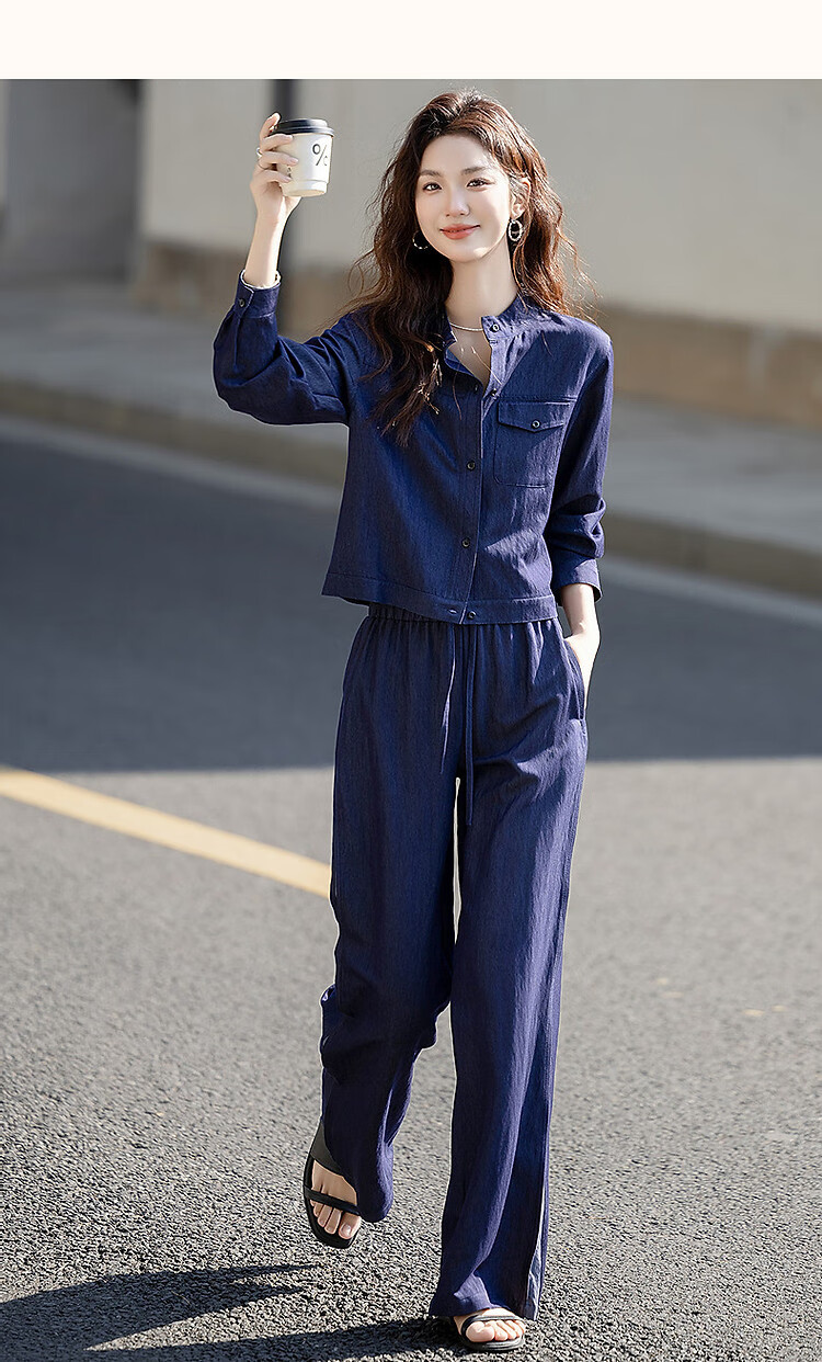 Demana Hong Kong Style Denim Set Spring Vintage Relaxed Fit Crew Neck Top Elastic Waist Wide Leg Pants Women's Two-Piece Set 11