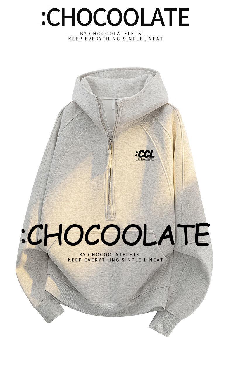 :CHOCOOLATE IT Loose Fit Hoodie Men Autumn New Trendy Half-Zip Casual Top White Flower Gray L 2