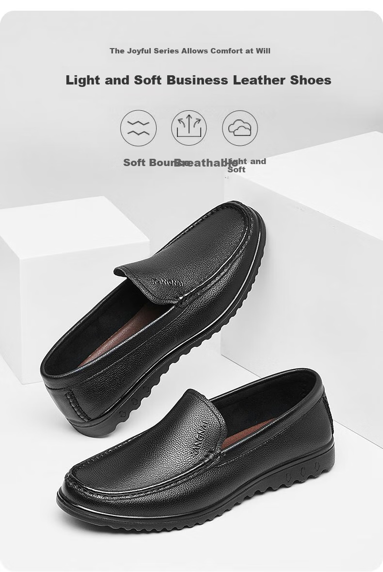 Kangnai Men's Leather Shoes, Versatile And Comfortable Slip-On Loafers, Business Casual Shoes, Cowhide Lightweight Black, Size 43 1