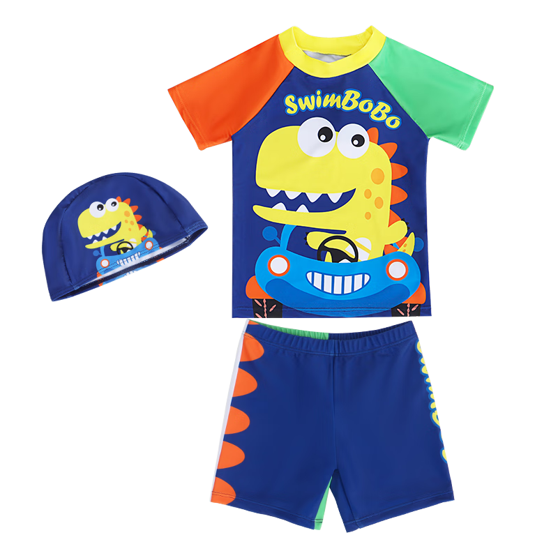 Swimbobo Children's Two-Piece Swimsuit for Boys, Cartoon Dinosaur Design, Short-Sleeve Swimwear, Beginner Swimming Gear, Size 100
