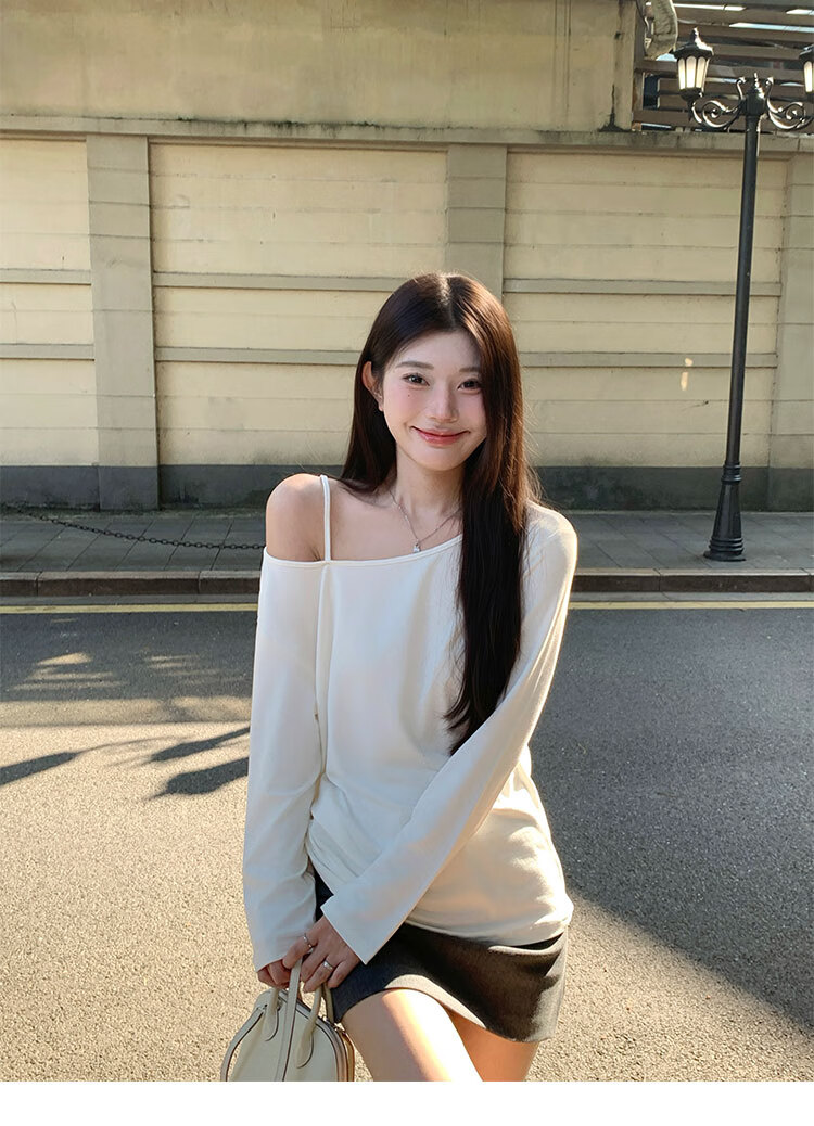 TUCANO Slanted Shoulder Long-Sleeve T-Shirt for Women, Autumn New Style, Elegant Loose Casual High-End Base Shirt Top, White, M 1