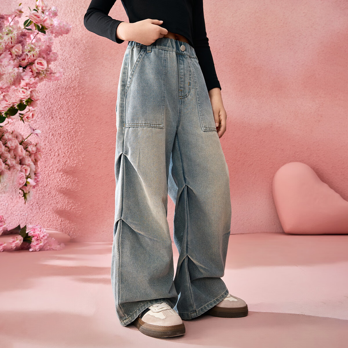 ASK JUNIOR [Brush-Dyed Jeans] Children's Pants, Fall 2026 Vintage Straight-Leg Trousers, Girls' Draping Long Pants, Youth Style