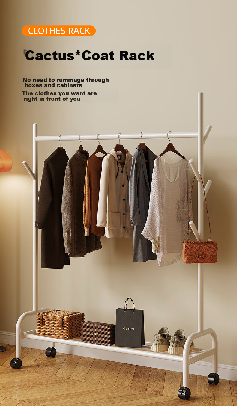 Shanshanmuyi Floor-Standing Coat Rack, Bedroom Clothes Hanger, Movable Drying Rack, Balcony Clothes Drying Rack, Storage Shelf 1