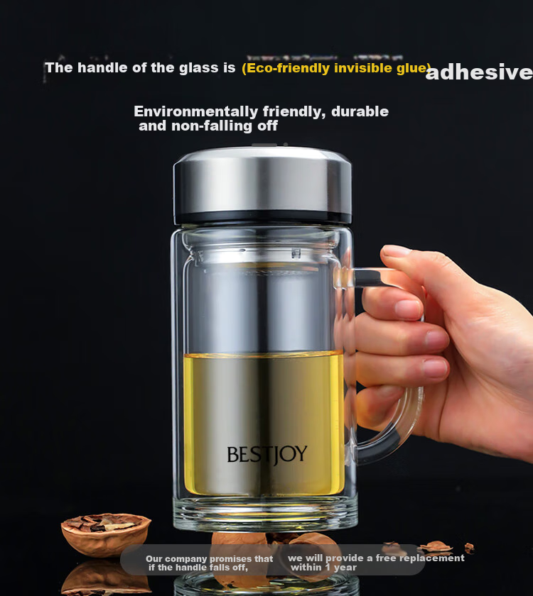 Fuguang Shixi Double-Layer Glass Cup with Handle and Filter, Heat-Resistant Office Mug, Large Capacity 520ml, Black 13