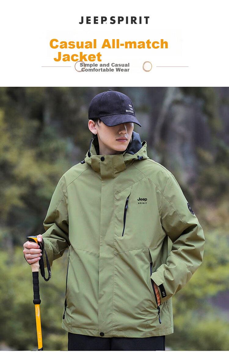 JEEP SPIRIT Men's Jacket, Spring And Autumn Korean Style Workwear Three-In Fleece Windbreaker, Ivory White - 2XL 1