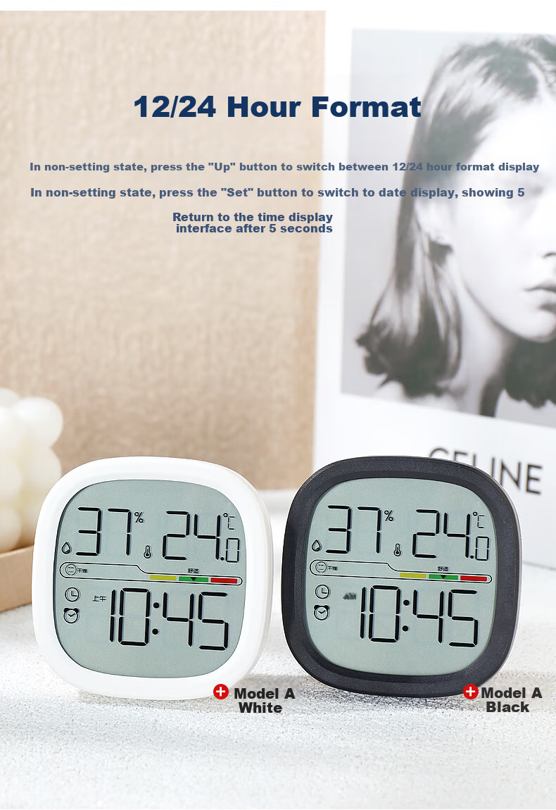 Hense Kitchen Magnetic Clock, Refrigerator Sticker Temperature And Humidity Electronic Watch, Living Room Digital Clock, Desktop Table Clock, Wall-Mounted Clock without Drilling, Student Bedside Alarm Clock HA302B White Model 5