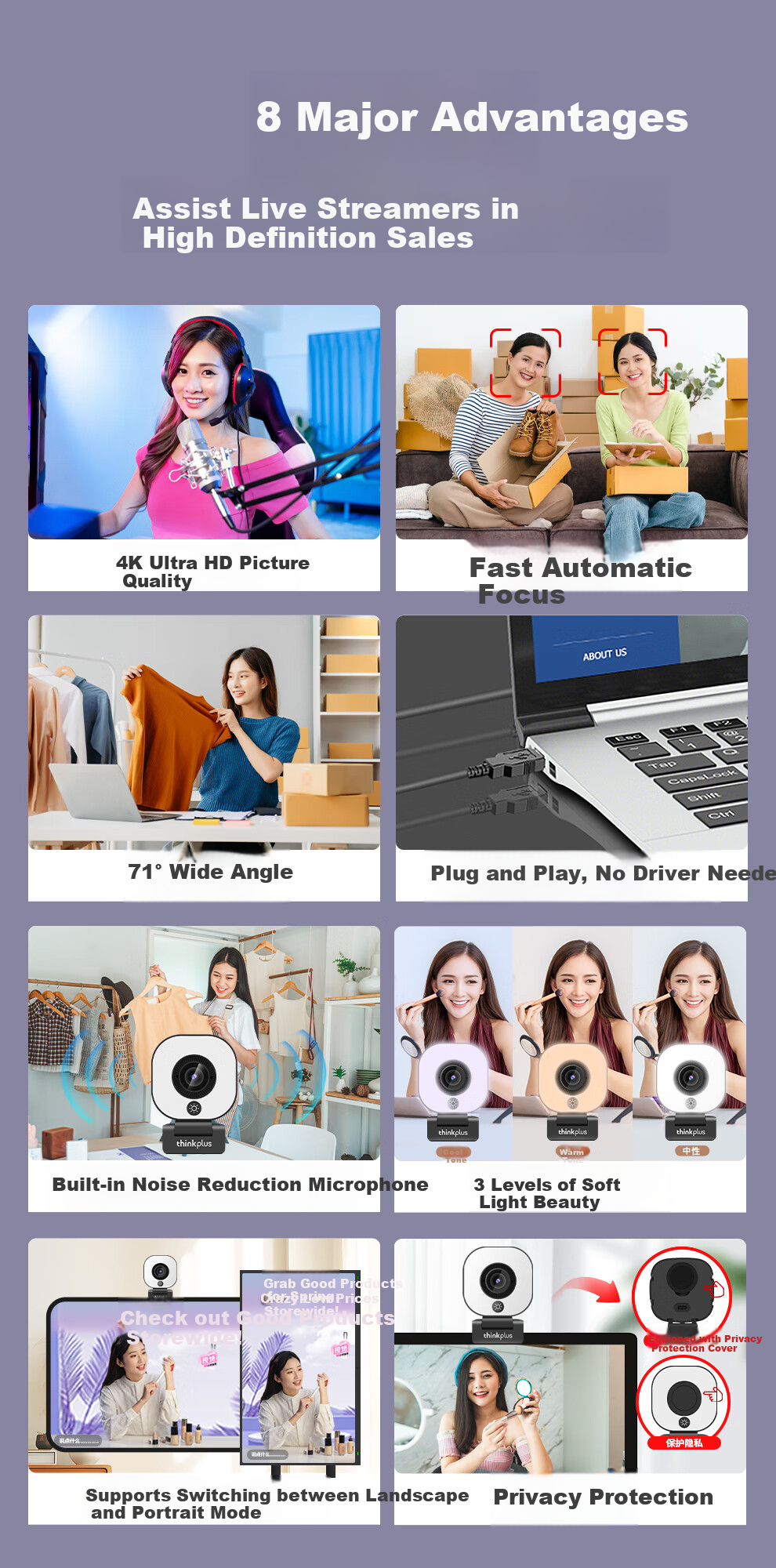 Lenovo ThinkPlus Computer Webcam, 4K HD Auto Focus, Dual Microphones, Plug-And Three-Level Soft Light Beauty Mode, Live Streaming, E-Commerce, Online Classes And Meetings Webcam WL58A 13