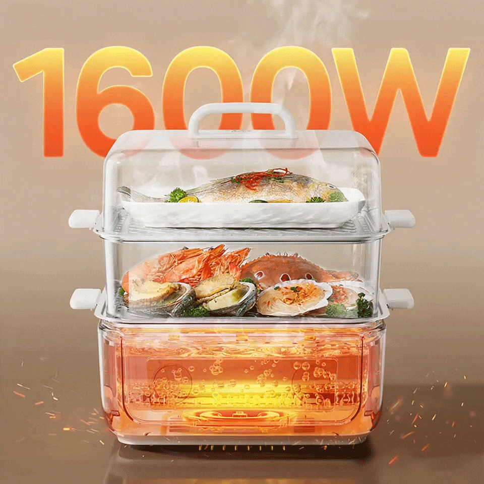 Midea Electric Steamer Electric Hot Pot Electric Cooker Multifunctional Electric Frying Pan Household Multi-Purpose Integrated Electric Heating Pot Steaming Fish, Buns, Eggs with Transparent Window MZ 9