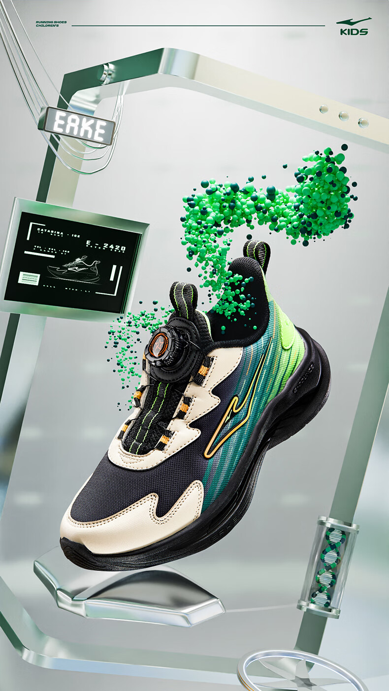 ERKE Children's Shoes, Big And Small Kids Running Shoes, Children's Rotary Buckle Sneakers, Yufeng Black/fluorescent Digital Green, Size 40 1