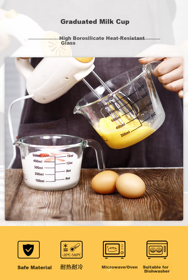 Chuangde Milk Cup, Heat-Resistant Glass Cup, Microwave-Safe Measuring Cup for Home Use And Children's Breakfast, with Scale, 500ml 1