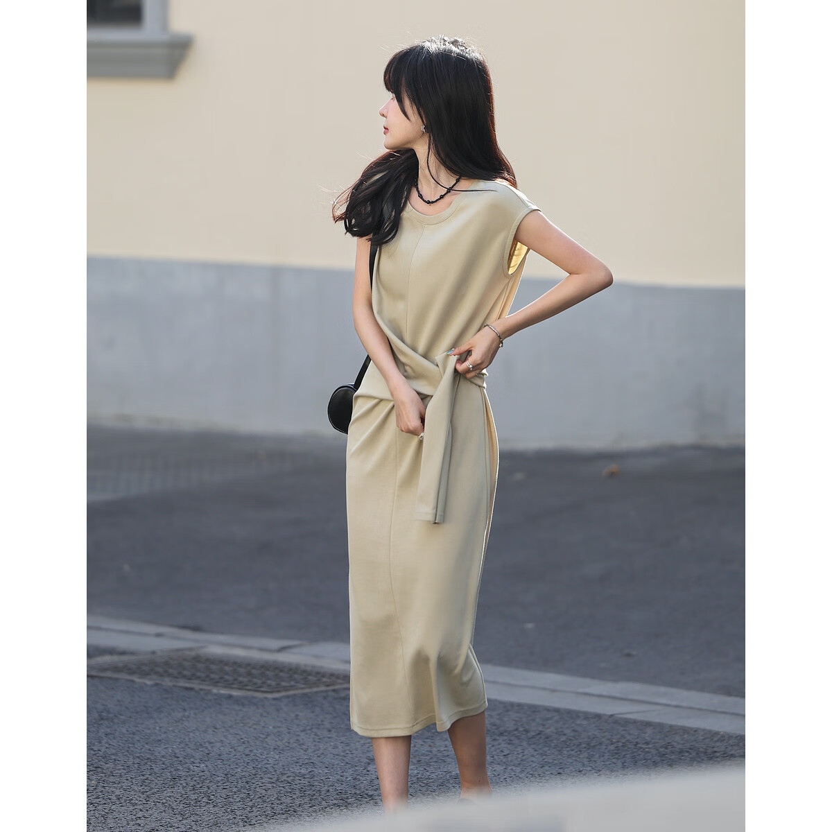Mt [Asymmetric Aesthetic], Summer Design-Inspired, Tie-Up Slit Round Neck, Elastic Long Women's Dress