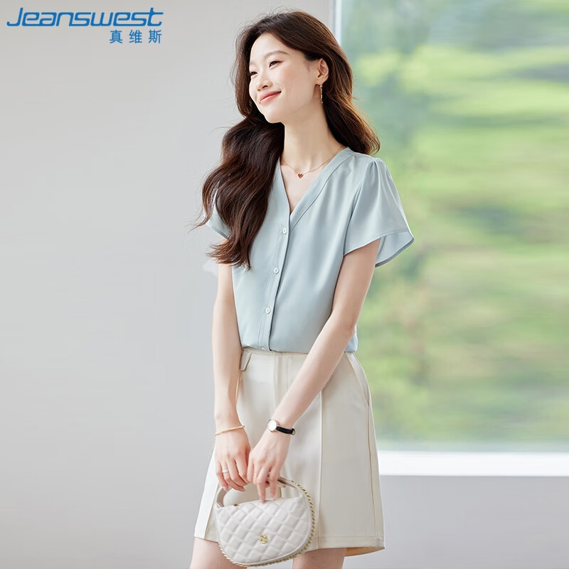 Jeanswest Women's Shirt 2026 Summer Short Sleeve Elegant Versatile Fashion V-Neck Solid Color Top Blue L