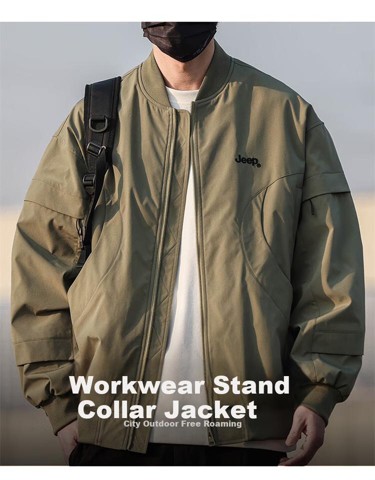 JEEP Men's Autumn Winter Trendy Baseball Jacket Casual Loose Workwear Coat Military Green 2XL 1