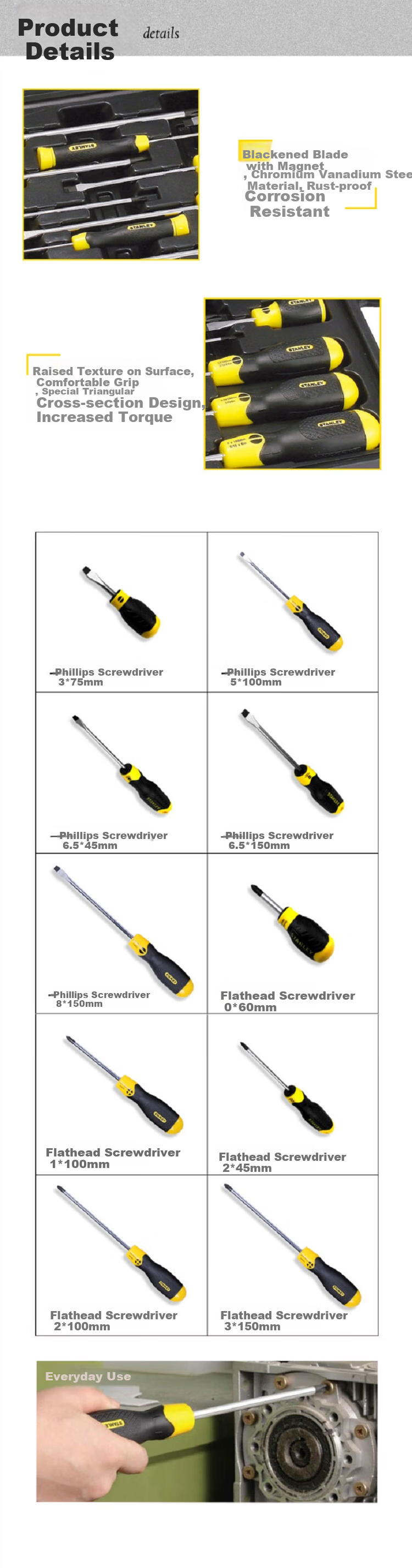 STANLEY Screwdriver Set with Plastic Handle, Phillips And Flathead Bits, 10-Piece Set, 65-005C 3