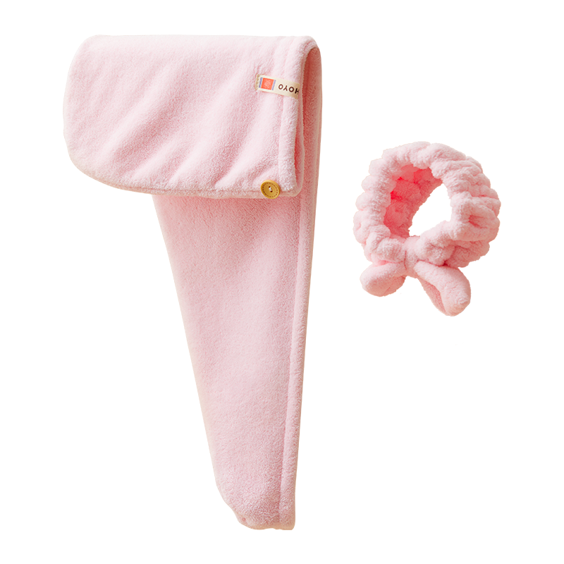 HOYO Japanese Snow Fleece Hair Drying Cap And Hair Tie Two-Piece Set, Quick-Drying Absorbent Bath Towel for Women, Pink