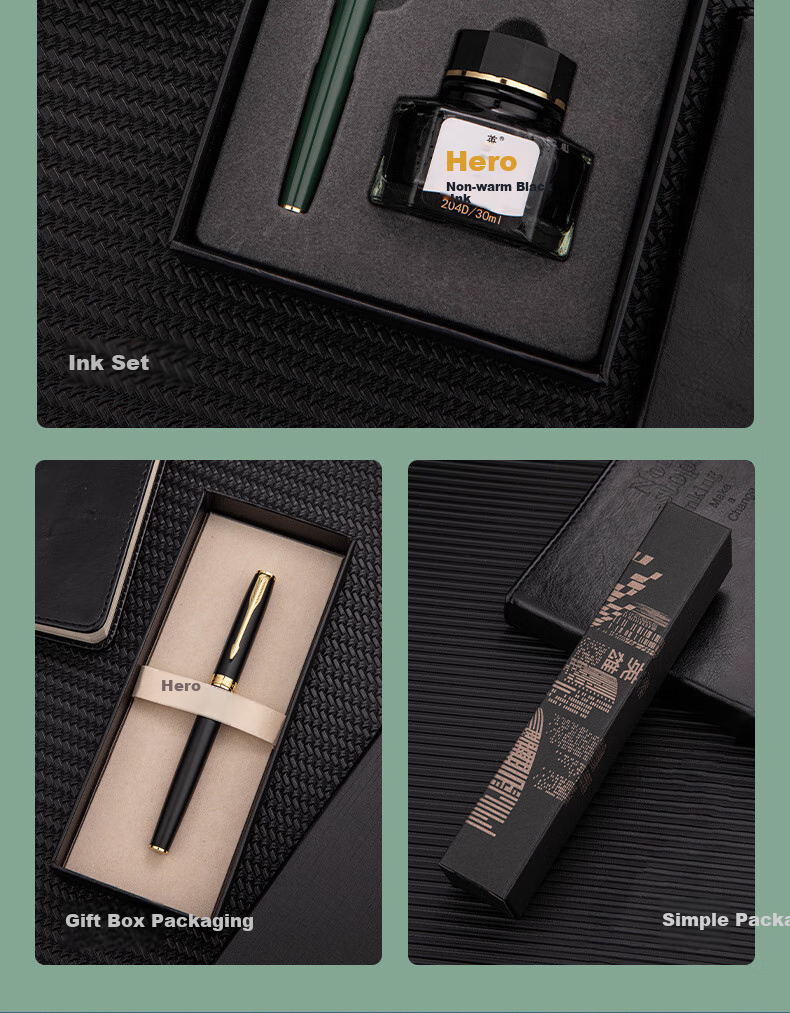 HERO Fountain Pen E609 Iridium Daily Writing Business Calligraphy Practice for Third Grade Elementary And Middle School Students, Men And Women Ink Pen, Shining Black, Deluxe Edition, F Fine Nib 7