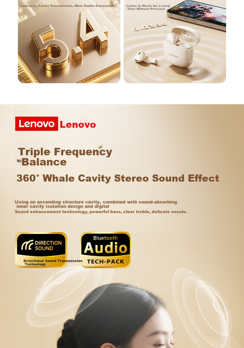 Lenovo Bluetooth Earphones, Semi-In Style, 2026 Popular Model, Bluetooth 5.4, Low Latency, High Sound Quality, Long Battery Life, HD Audio, Wireless Headphones, EA166, Moon Rock White 3