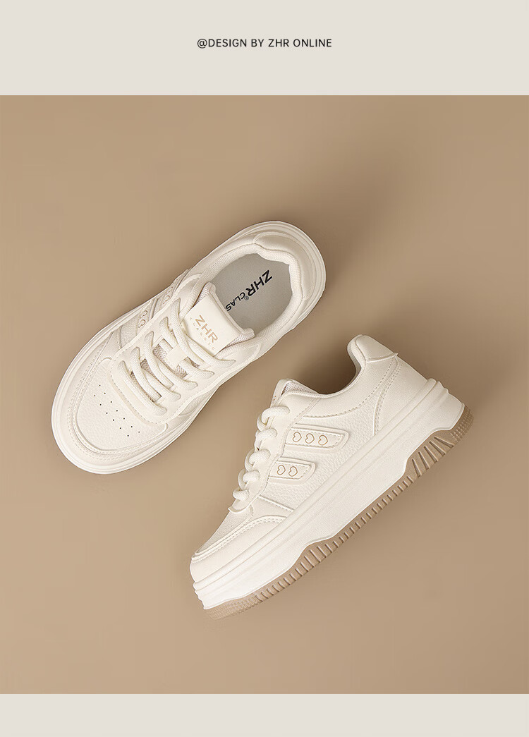 ZHR White Sneakers for Women, Versatile Thin Casual Shoes, Petite Thick-Soled Height-Increasing Skateboard Shoes for Women, IF67 Beige, Size 37 4
