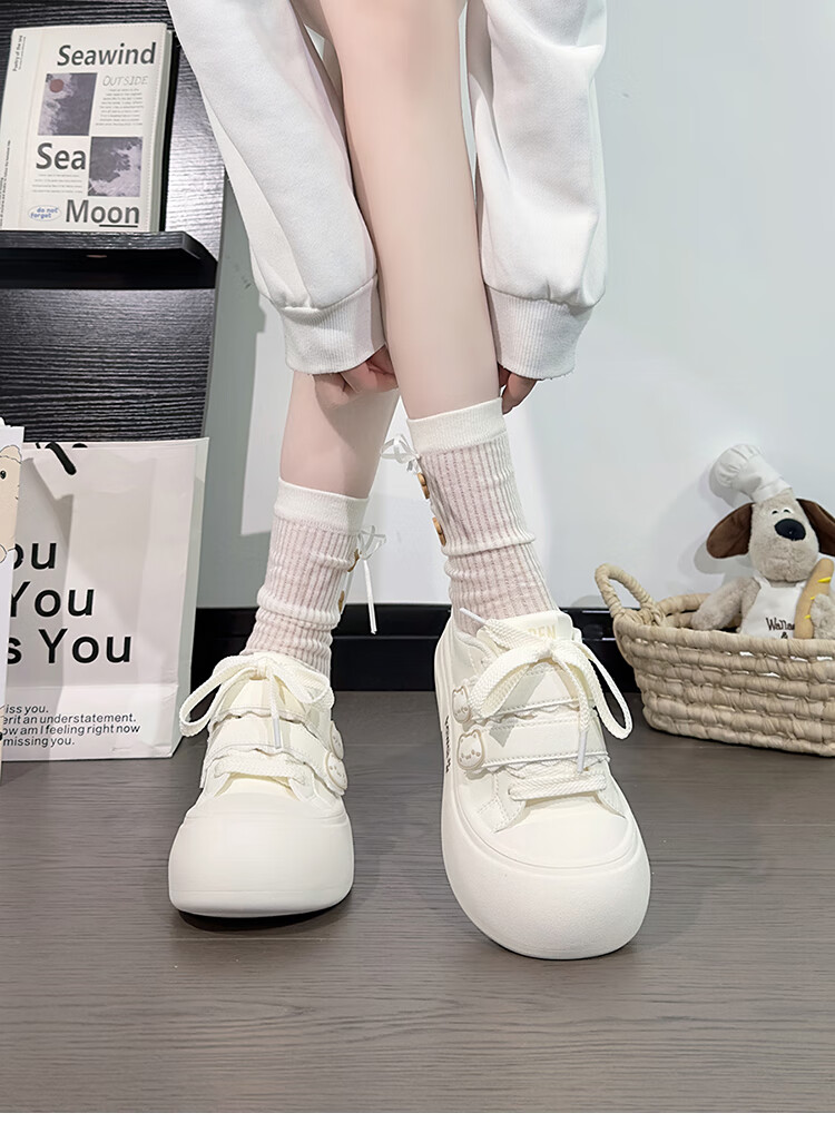 RENBEN Cute Velcro White Sneakers for Women, Popular Chunky Shoes, Versatile Canvas Shoes, White (Leather Surface), Size 40 34