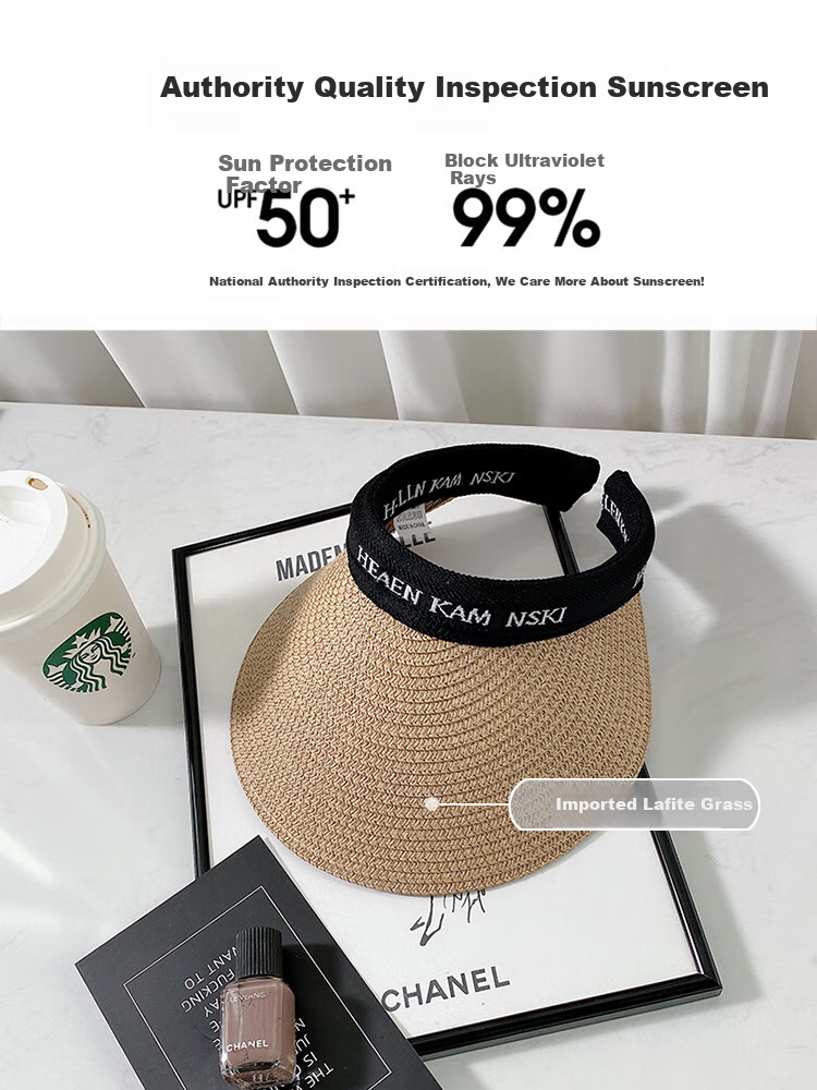XUEXIMAN Summer Ins Straw Topless Baseball Cap for Women, Outdoor Versatile Beach Wide Brim Sun Protection Visor Hat, Sunshade Hat 6