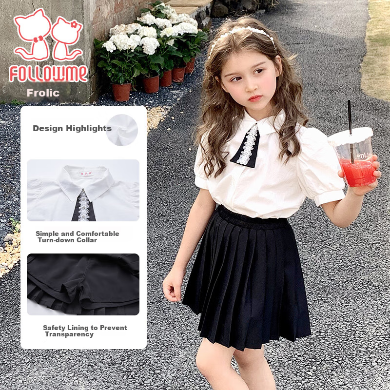Follow Me Girls' Summer Outfit Set: Academic Style Shirt Short-Sleeve Top JK Pleated Skirt Two-Piece Set White/black 150