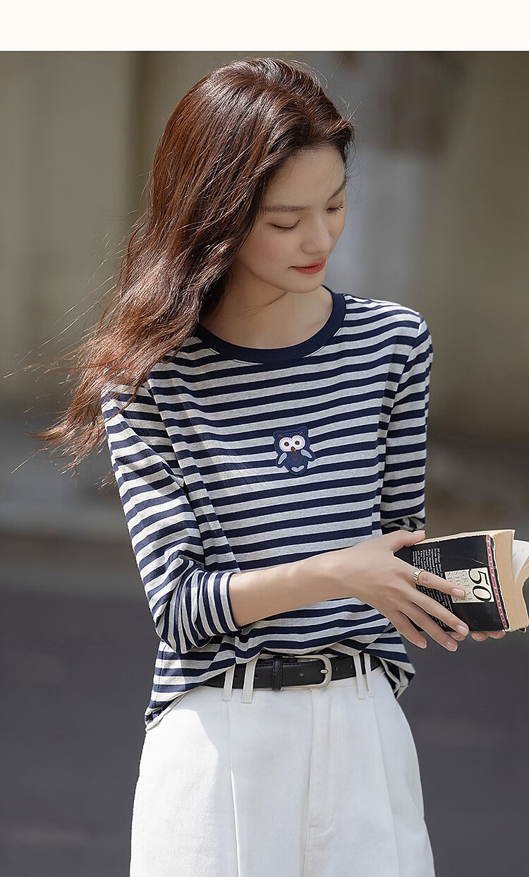 Demna【Striped Liberal】Spring and Autumn Loose Contrast Color Long Sleeve T-shirt Women Cute Patch Embroidery Concealed Flesh Women's T-shirt 12