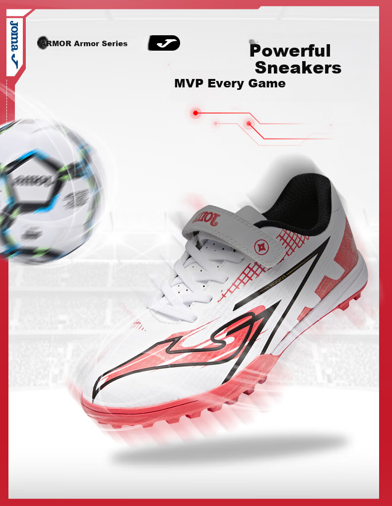 JOMA Children's Soccer Shoes with TF Turf Studs for Competition And Training, Ages 6-12, Red/white, Size 32 (200mm) 6