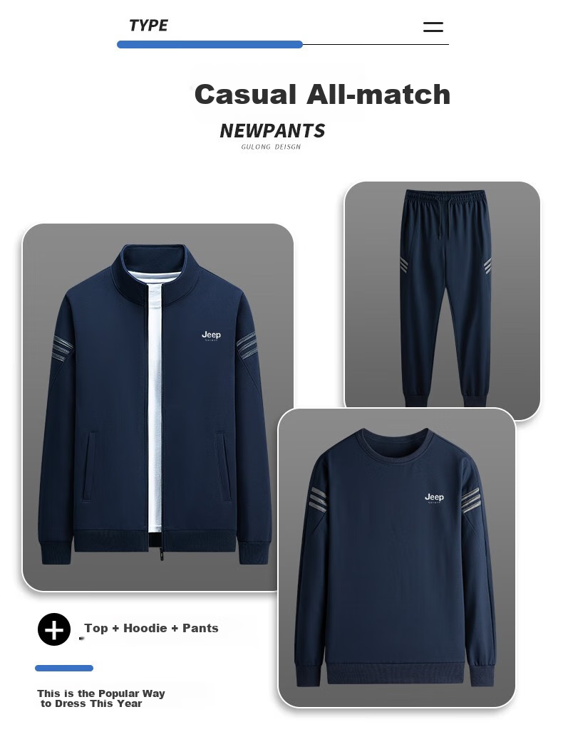 JEEP SPIRIT Men's Spring And Autumn Three-Piece Set: Jacket, Sweatshirt, And Casual Pants Versatile Menswear Dark Blue 5XL 3