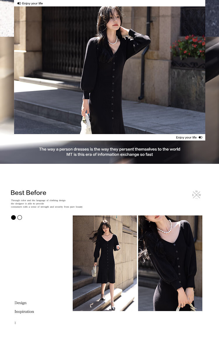 MT French Vintage Black Swan V-Neck Long Sleeve Knit Dress for Autumn Dates 1
