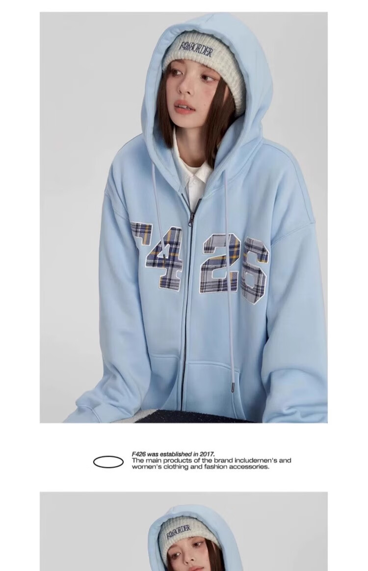 F426 [Zhao Lusi's Style] National Trend Brand Loose Fit Large Logo Plaid Patchwork Embroidered Sweatshirt Jacket, Floral Gray, L 14