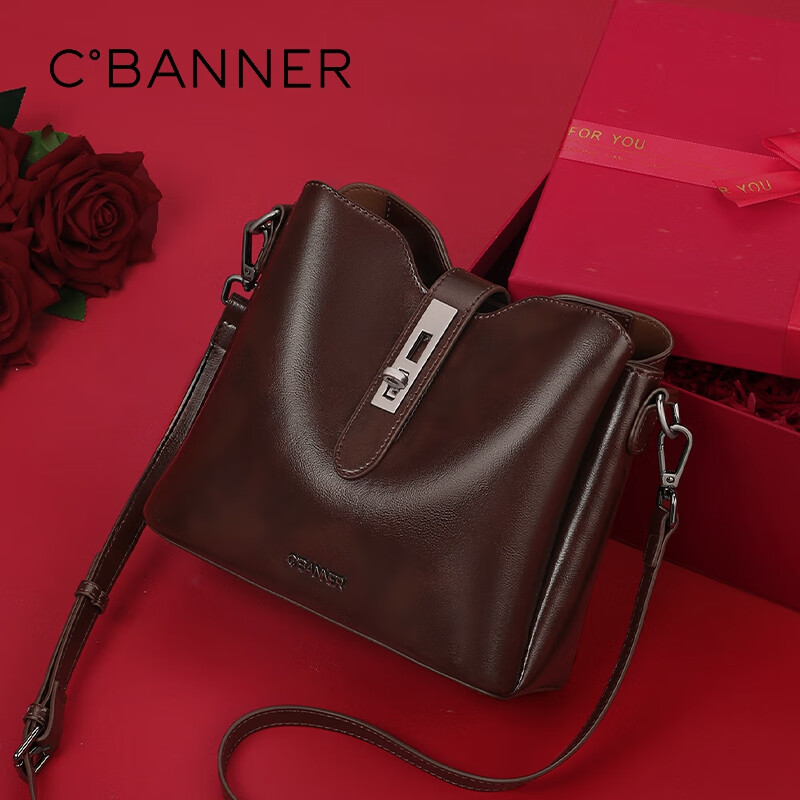 C.BANNER Leather Handbag, Women's Bucket Bag, Soft Leather Shoulder Crossbody Bag, Light Luxury Birthday Mother's Day Gift, Practical Present for Mom