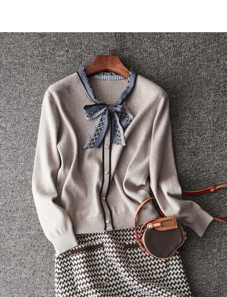 Dme [Commute] Spring And Autumn Silk Ribbon Pearl Button Decorated Cardigan, Versatile Knit Sweater for Women, Medium Gray, Size S 14