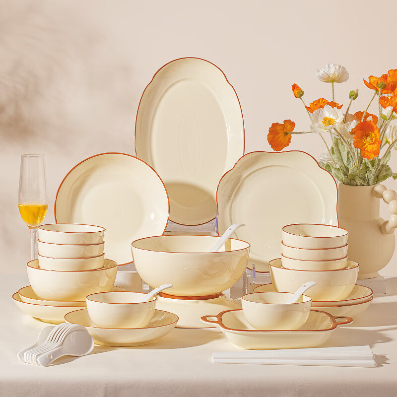 Набор посуды Mornenjoy Ceramic Tableware Set, кремовый стиль, для дома, для новоселья, 72 предмета