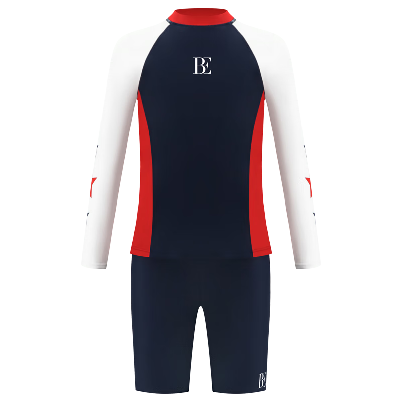 BALNEAIRE Children's Two-Piece Swimsuit, Long Sleeve And Mid-Length Shorts, Easy to Put on And Take Off, Sun Protection, Chlorine Resistant, Color Block Design, Suitable for Swimming Pools, Size 120