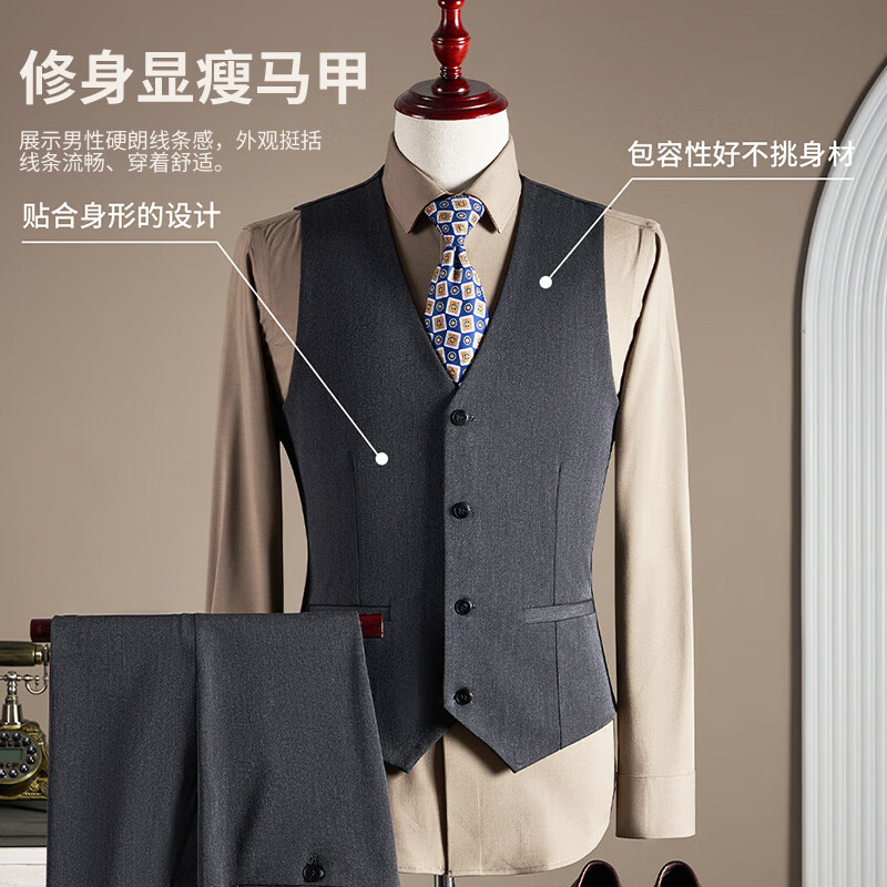 ROMON Wool Suit Set for Men Business Formal Wedding Attire Black 3XL (Blazer + Vest + Trousers)