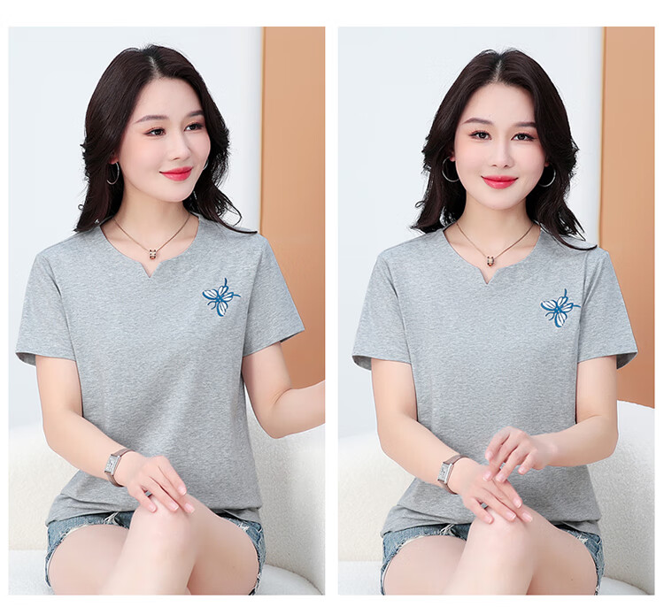 TUCANO Pure Cotton Short-Sleeve T-Shirt for Women, V-Neck Embroidery, Plus Size, Summer New Style, Middle-Aged Mom's Top, White, 4XL 11